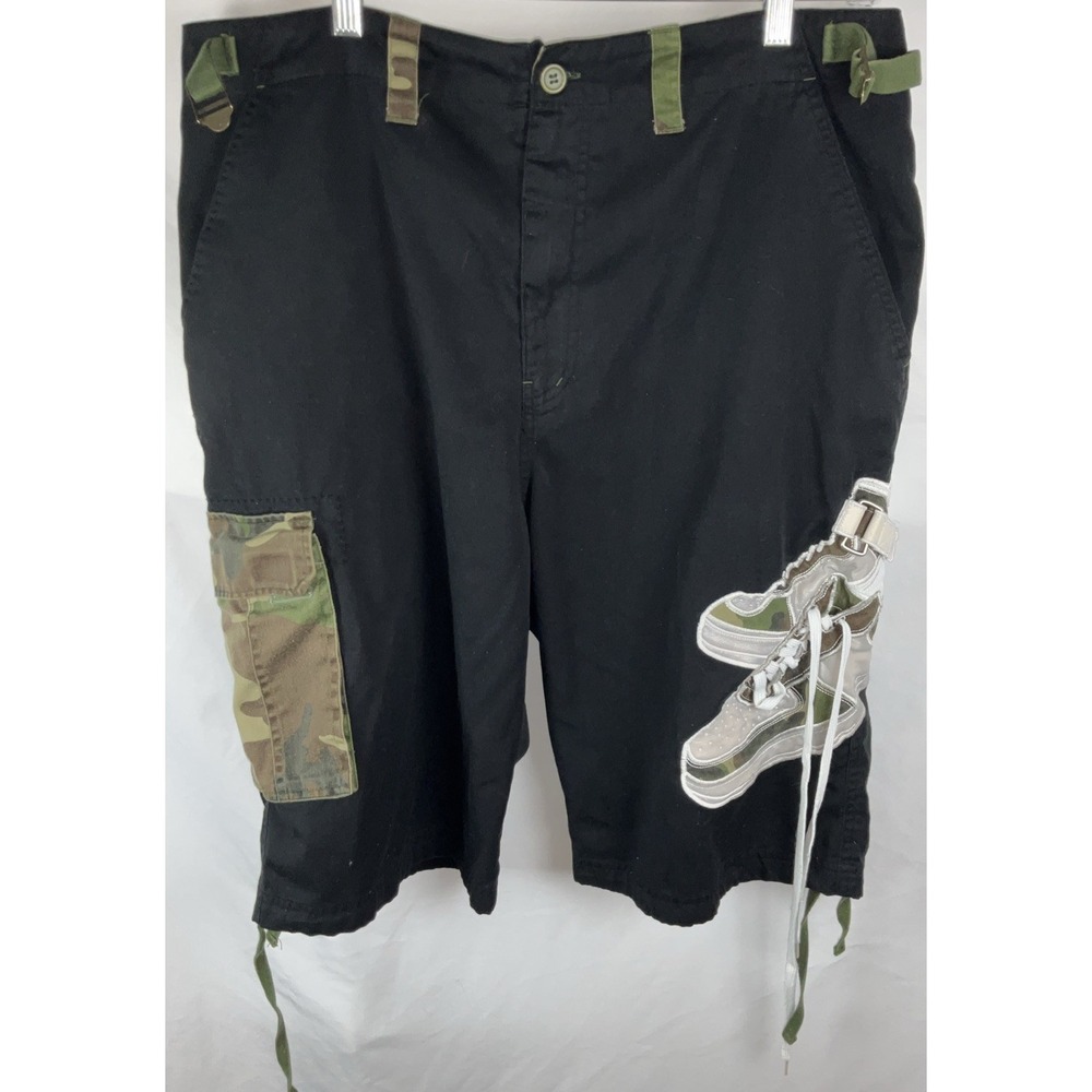 Raw Blue Cargo Shorts Mens Black Y2K Hip Hop Streetwear Embroidered Size XL